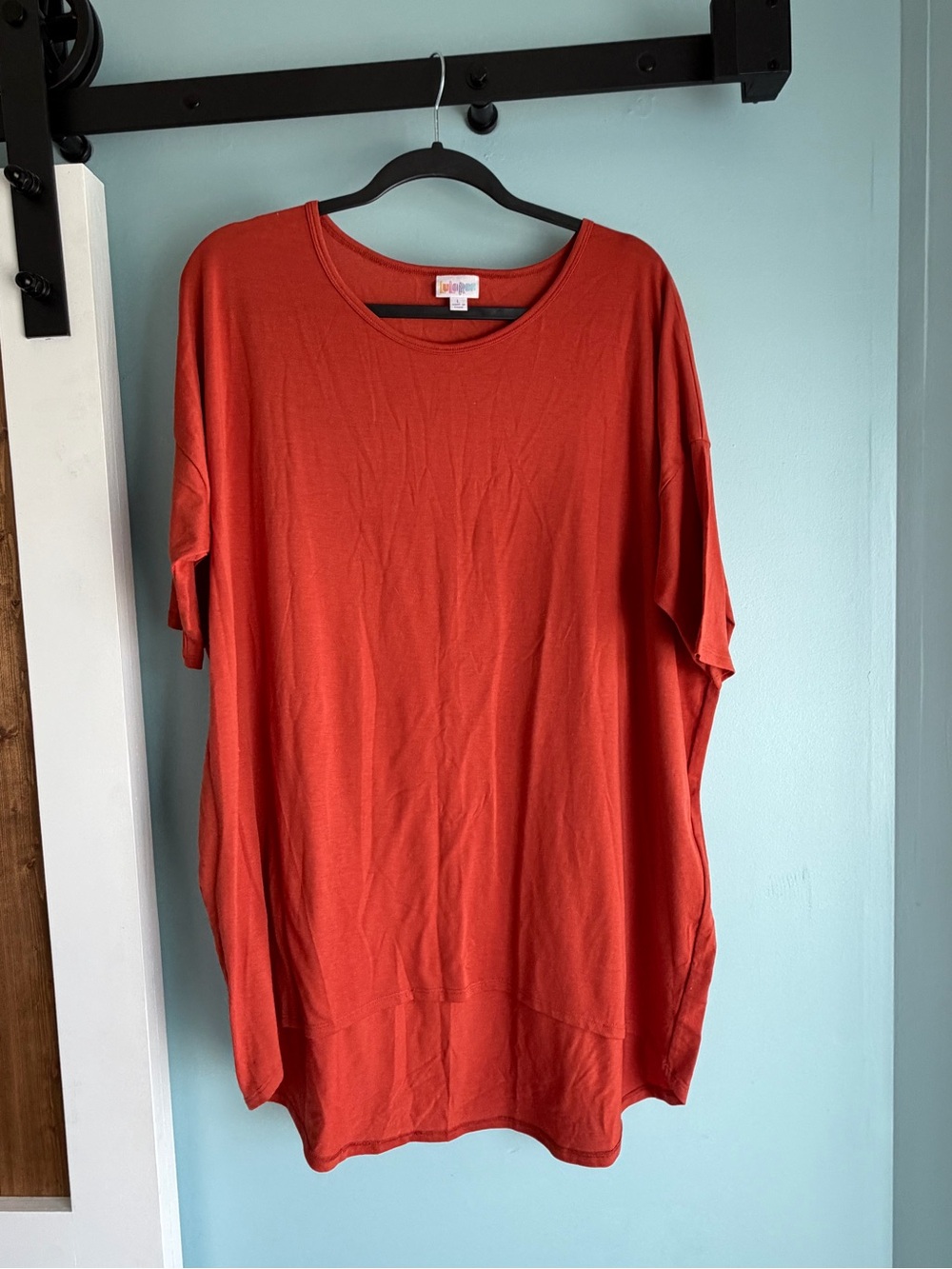 LuLaRoe Irma Tunic Top Large Rust Orange High Low Oversized Stretch